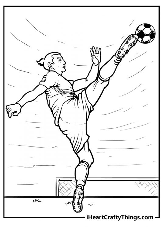 Detailed coloring picture capturing a moment when soccer player performing great kick