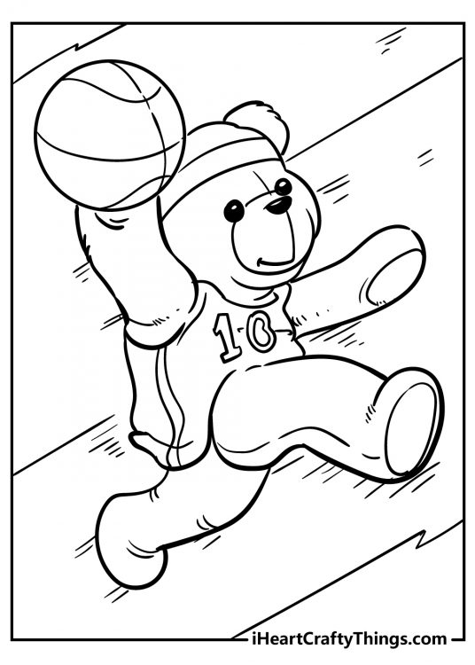 Simple coloring page for boys of a teddy bear going for the hoop in a basketball game