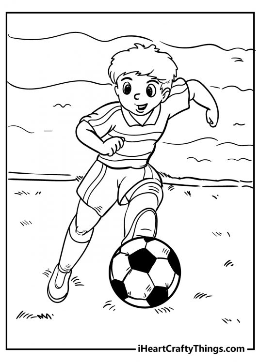 Black-and-white coloring page featuring boy on a move while playing soccer outdoors