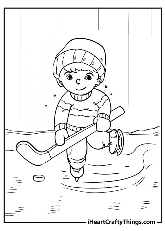 Printable for boys with an icy sporting scene featuring boy in a warm outfit and hat playing ice hockey outdoors