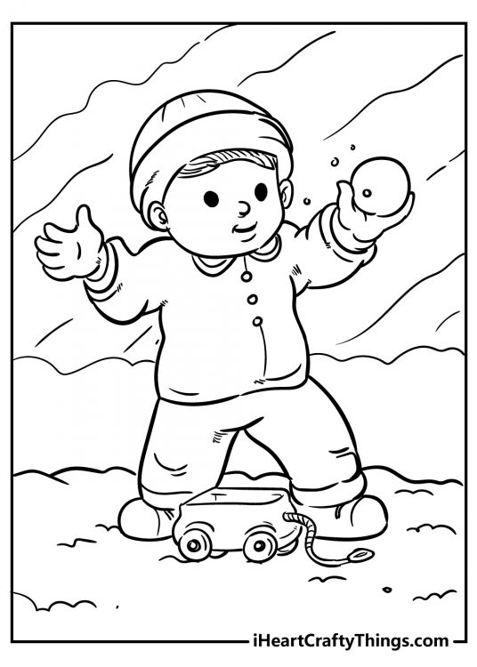 Boys printable with an outdoors winter scene featuring little boy playing outside with toy car and snowball