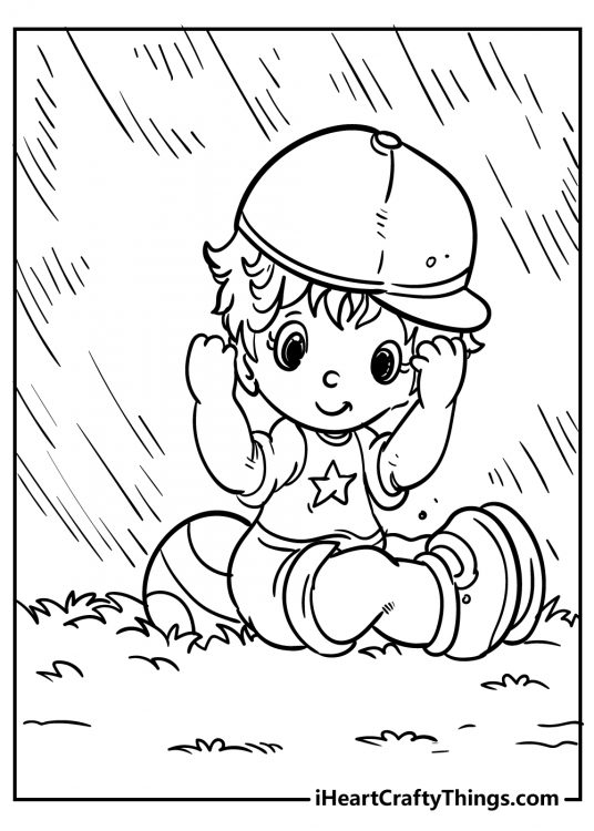 Coloring sheet featuring little smiling boy relaxing on the field after game with a ball at the side