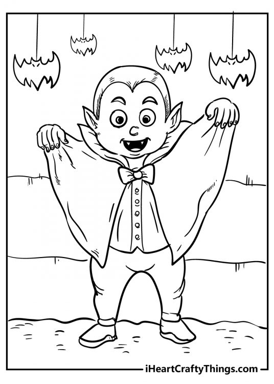 Coloring page featuring boy dressed up for Halloween as a scary vampire with bats hanging above his head