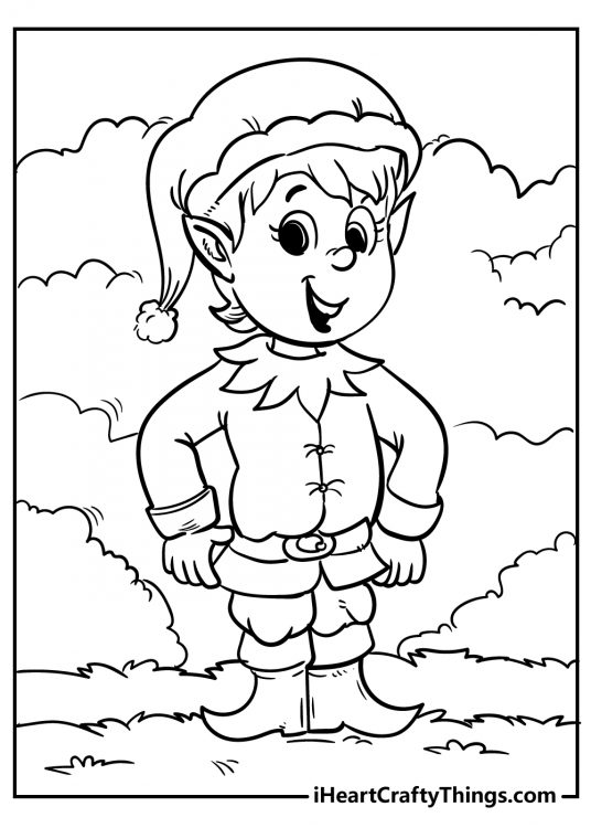 Free coloring page for boys of a kid posing outdoors dressed as a Christmas elf