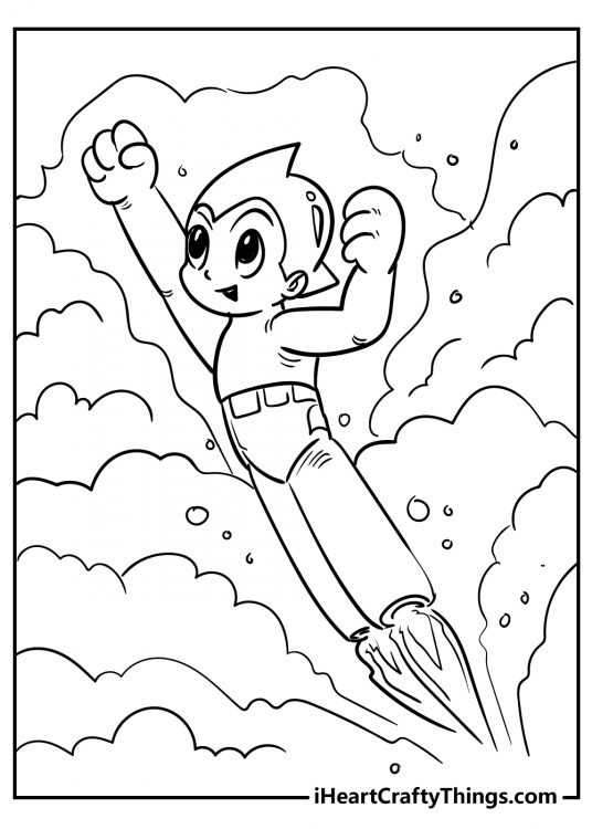 Free printable sheet featuring robot boy Astro Boy soaring through a beautiful sunset sky