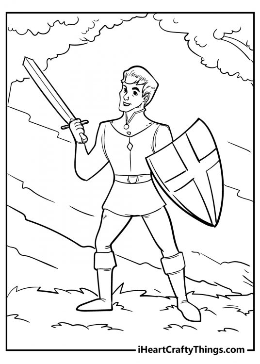 Coloring pdf for boys of a happy looking knight with an armor practicing his fighting skills in a forest