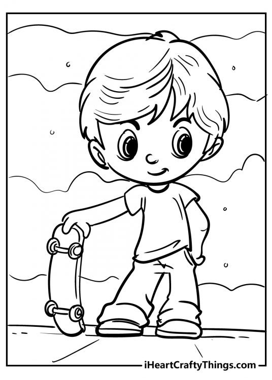 Free to download coloring page featuring young boy posing outdoors with his skatebord