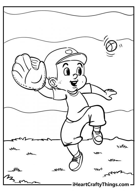 Printable for boys featuring young player who is about to catch the baseball coming his way