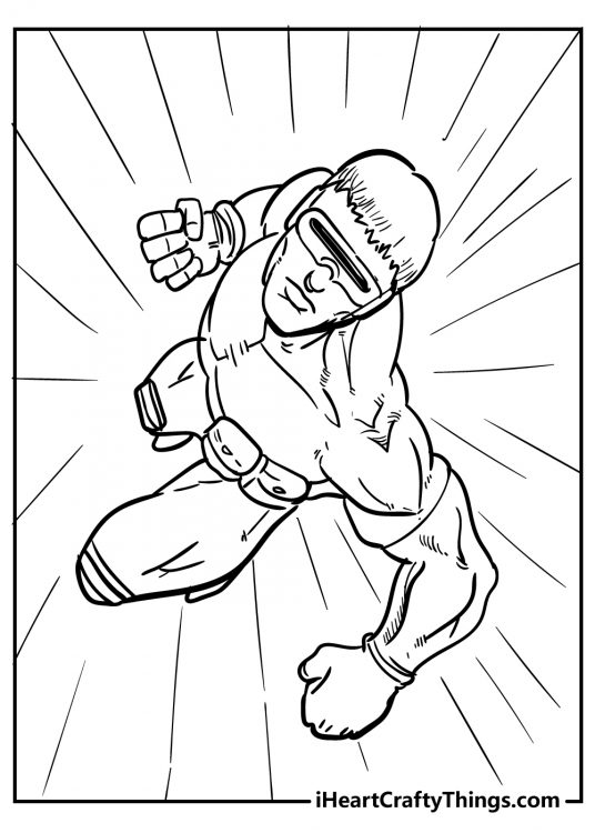 Free page to download and color featuring superhero Cyclops flying into action