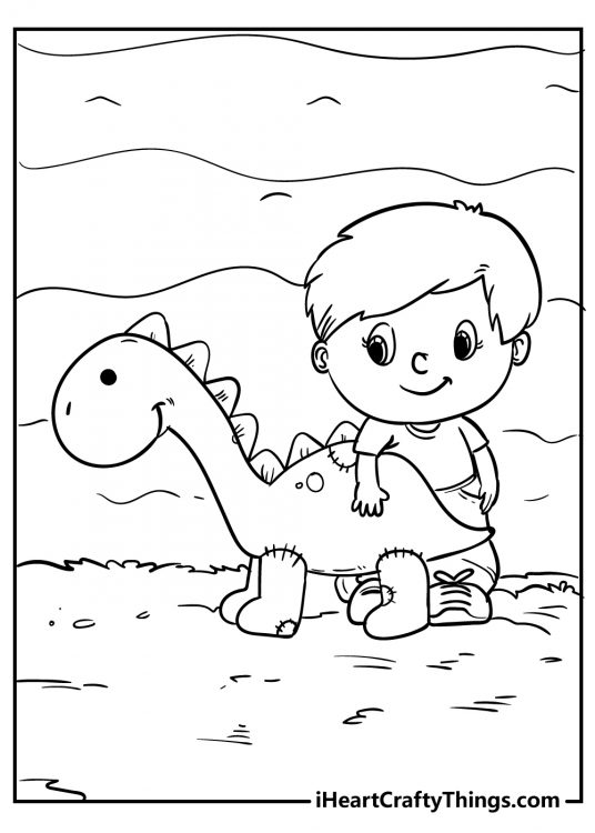 Free printable coloring page of a little boy playing on the field with his dinosaur toy
