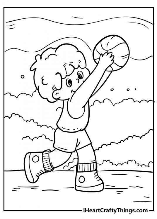 Outdoors scene featuring boy going for the point in a game of basketball free page to color