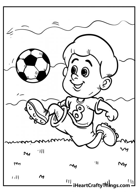 Boys coloring page of a player wearing number 8 t-shirt going for the kick while playing soccer