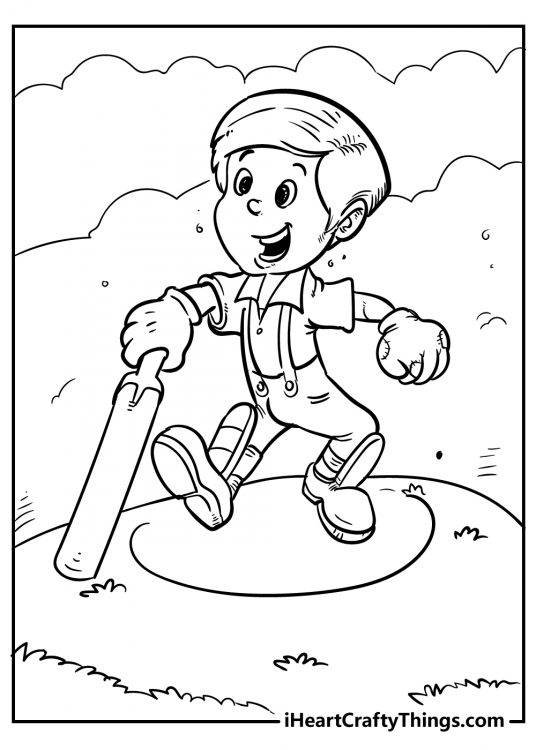 Free coloring poster featuring cricket player with a full uniform posing outdoors