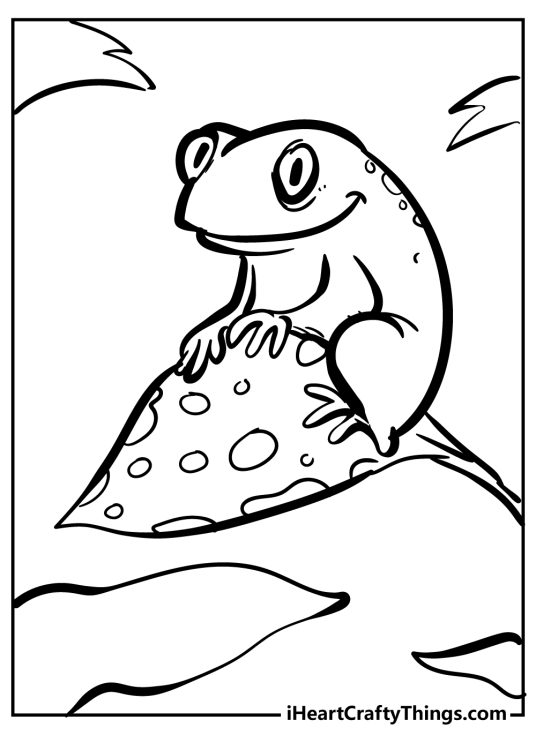 Coloring picture for kids featuring happy-looking frog perched on a leaf surrounded by greenery