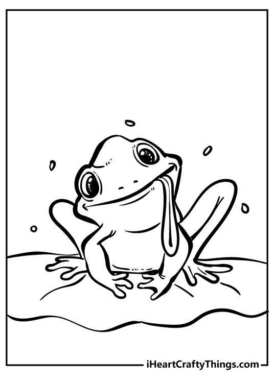 Coloring pdf of a silly-looking little frog sitting on a lily pad with tongue hanging out the mouth