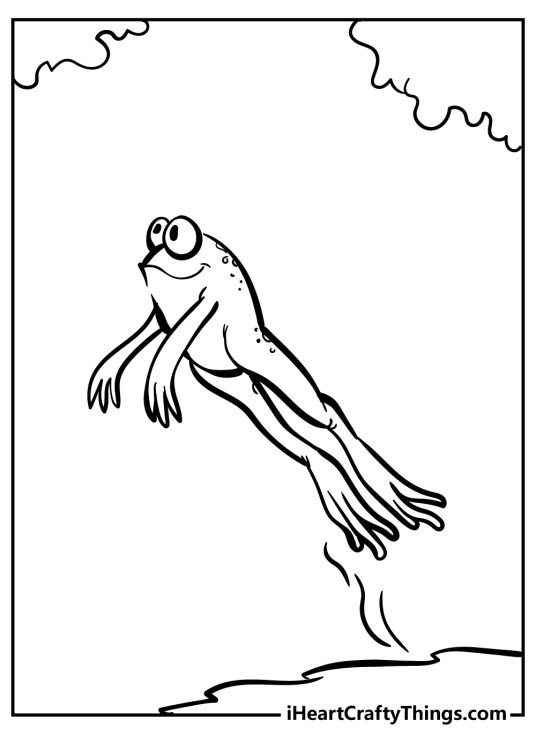Bblack-and-white printable picture featuring leaping frog with some greenery in the background