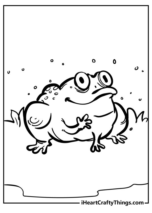 Printable pdf featuring jolly-looking frog with bulging eyes and patterned back surrounded by grass