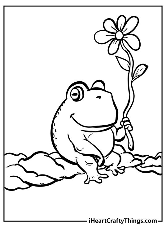 Coloring printable for kids of a cartoony frog sitting on a tree branch and holding a big flower