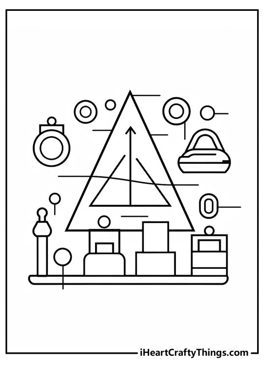 Geometric coloring sheet depicting simple abstract cityscape with a large triangle in the center