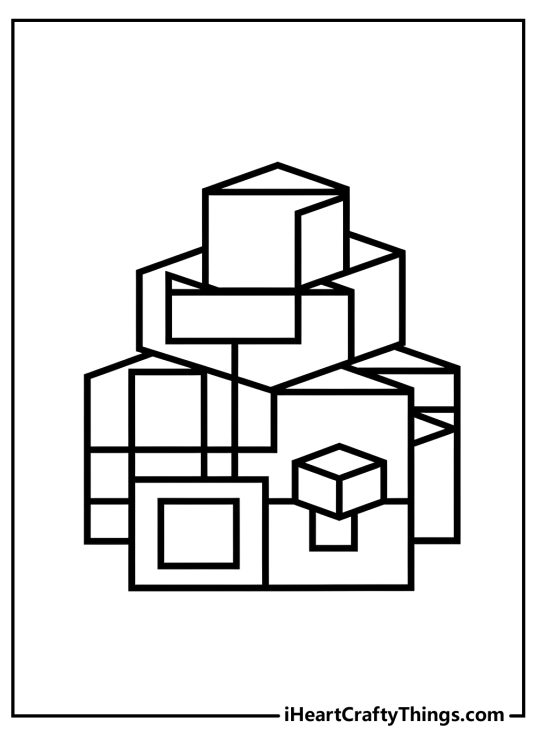Geometric coloring page featuring a stack of cubes and rectangular prisms arranged in a pyramid