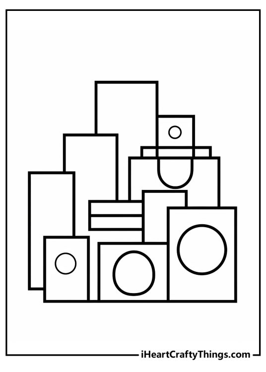 Geometric coloring page for kids featuring stack of various shapes arranged in a pyramid-like structure