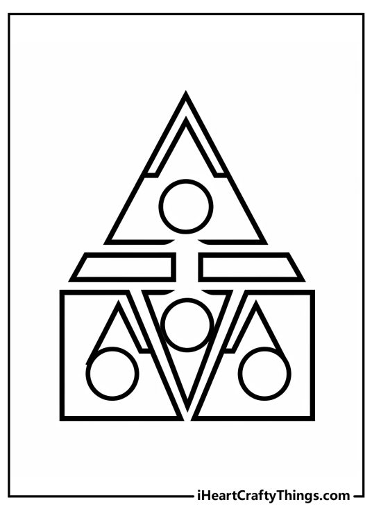 Geometric printable of a large triangle perched atop a square with smaller triangles and circles within the shapes
