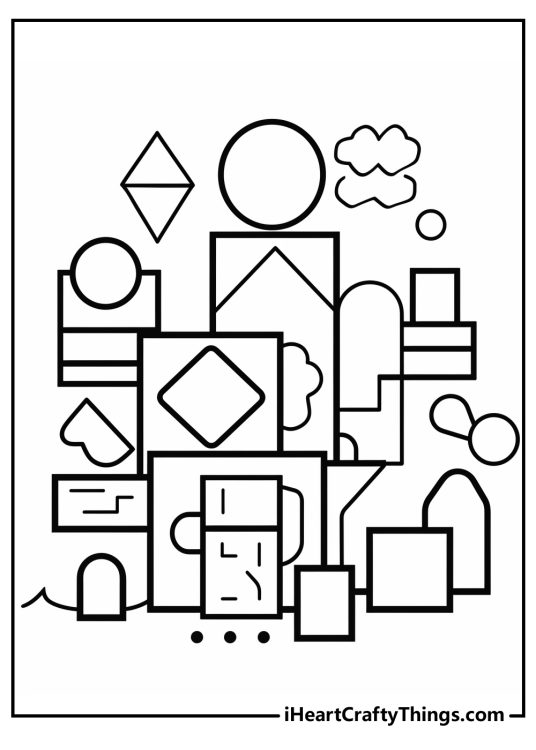 Printable coloring page featuring abstract geometric cityscape made up of various shapes