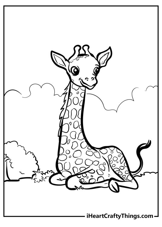Coloring page of a cute young giraffe resting outdoors with bushes and clouds in the background
