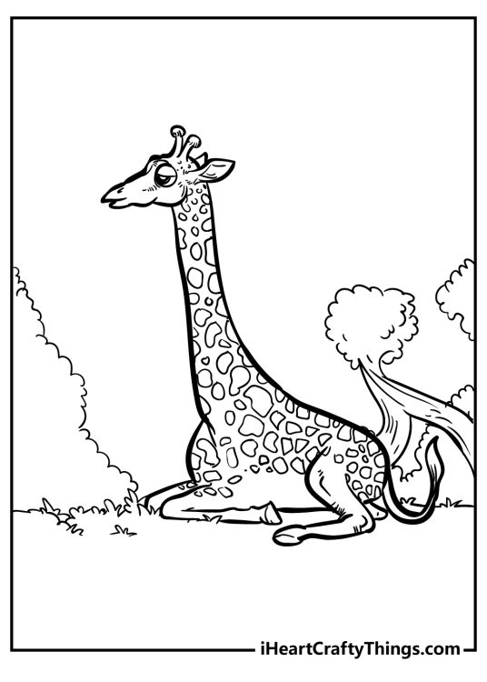 Coloring picture for kids of a sleepy-looking giraffe resting surrounded by trees and bushes