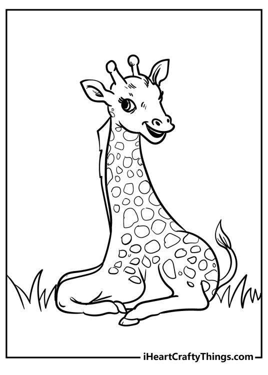 Coloring image for kids of a young giraffe resting in the grass with a happy look on face
