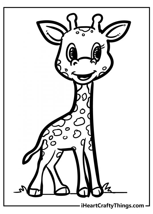 Bright and happy little giraffe featured on a free coloring printable for children