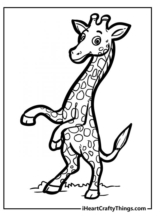 Free coloring poster for kids depicting lovable giraffe standing on its hind feet