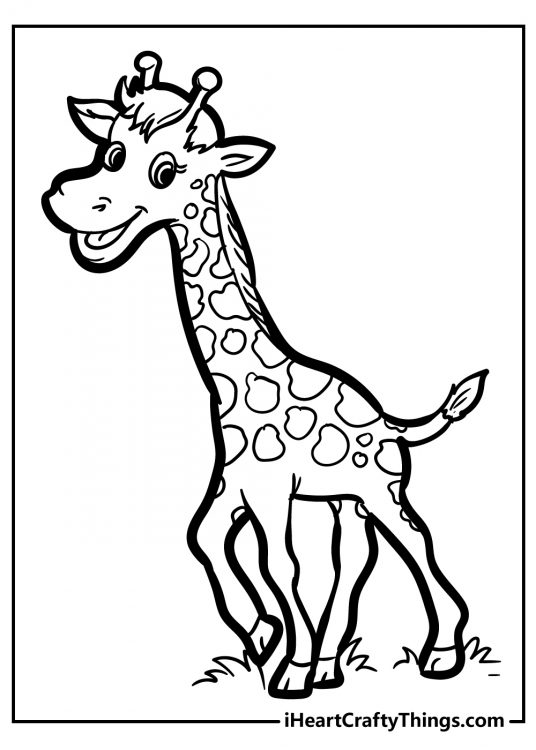 Free printable pdf for kids presenting smiling cheerful giraffe standing on a grass