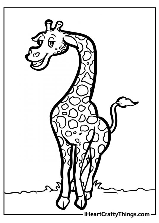 Printable coloring poster featuring cartoony giraffe with a mischievous grin on its face