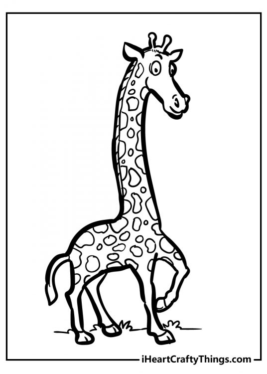 Free giraffe-themed coloring page featuring giraffe with surprised face expression