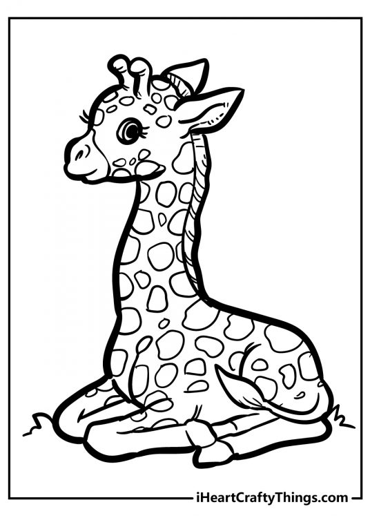 Free black-and-white drawing for kids of a cute relaxing giraffe with emty background