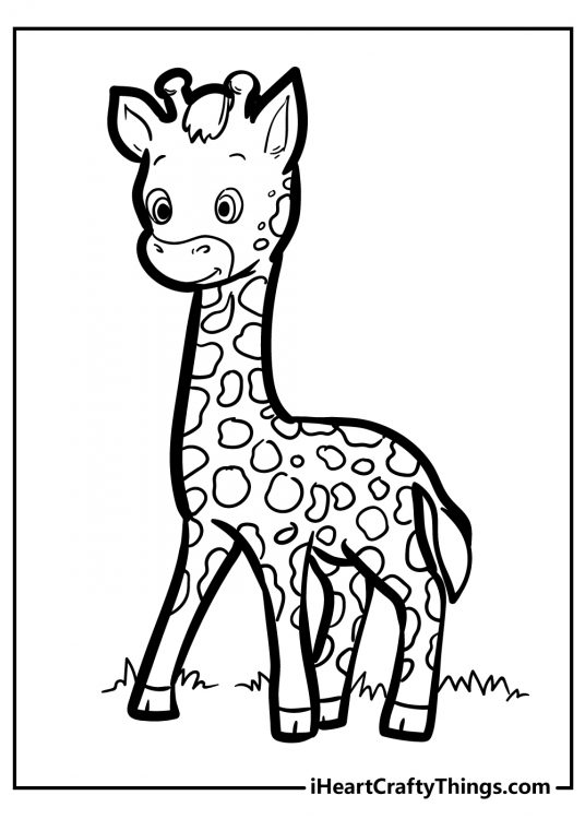 Free image to print and color featuring little giraffe with expressive coat pattern