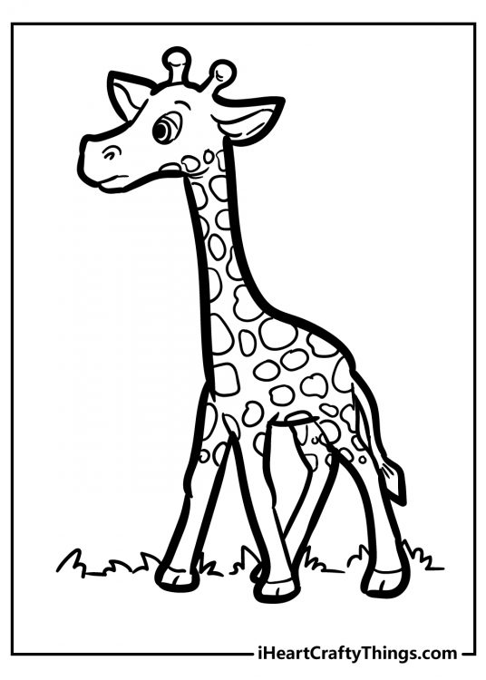 Detailed coloring drawing for children depicting giraffe looking a little uncertain