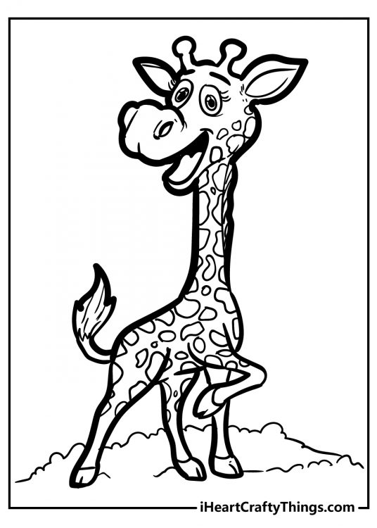Coloring page presenting happy and wacky looking cartoony giraffe with bushes behind her