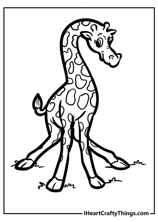 Printable coloring sheet for kids featuring adorable giraffe struggling to stand