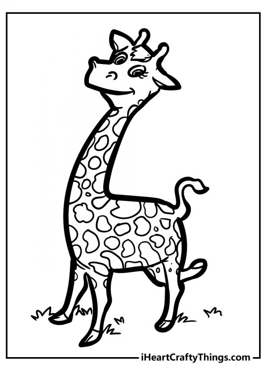 Free printable coloring sheet for adults of a happy looking giraffe striking a fun pose