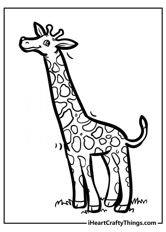 Printable coloring sheet for kids showing happy giraffe with long outstreched neck