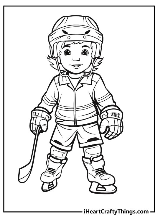 Hockey-themed image presenting a young boy wearing full gear and holding a hockey stick in his right hand