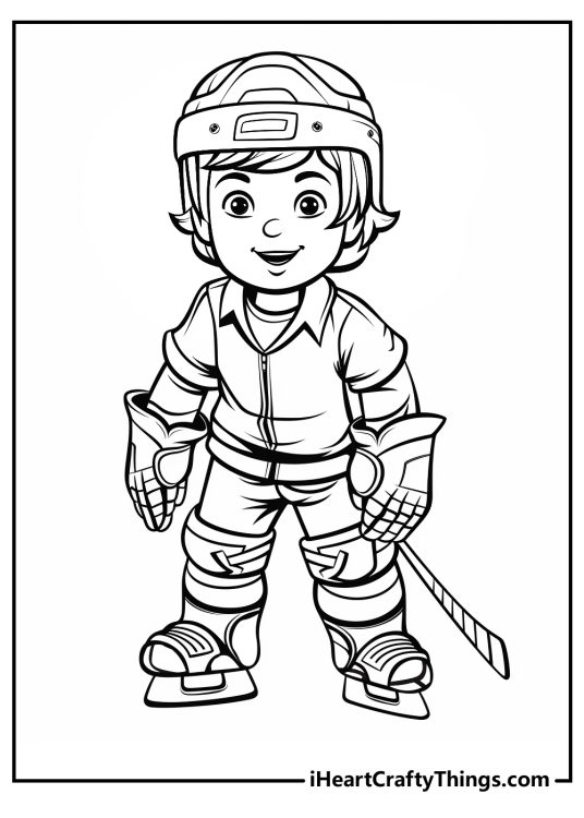Hockey-themed poster featuring young player wearing helmet pads and gloves ready for the game