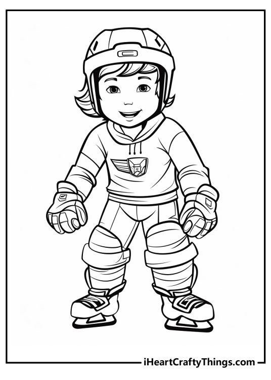 Detailed hockey-themed printable sheet featuring young smiling boy wearing safety gear