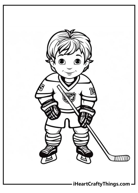 Coloring picture featuring energetic young hockey player with number 15 on the t-shirt