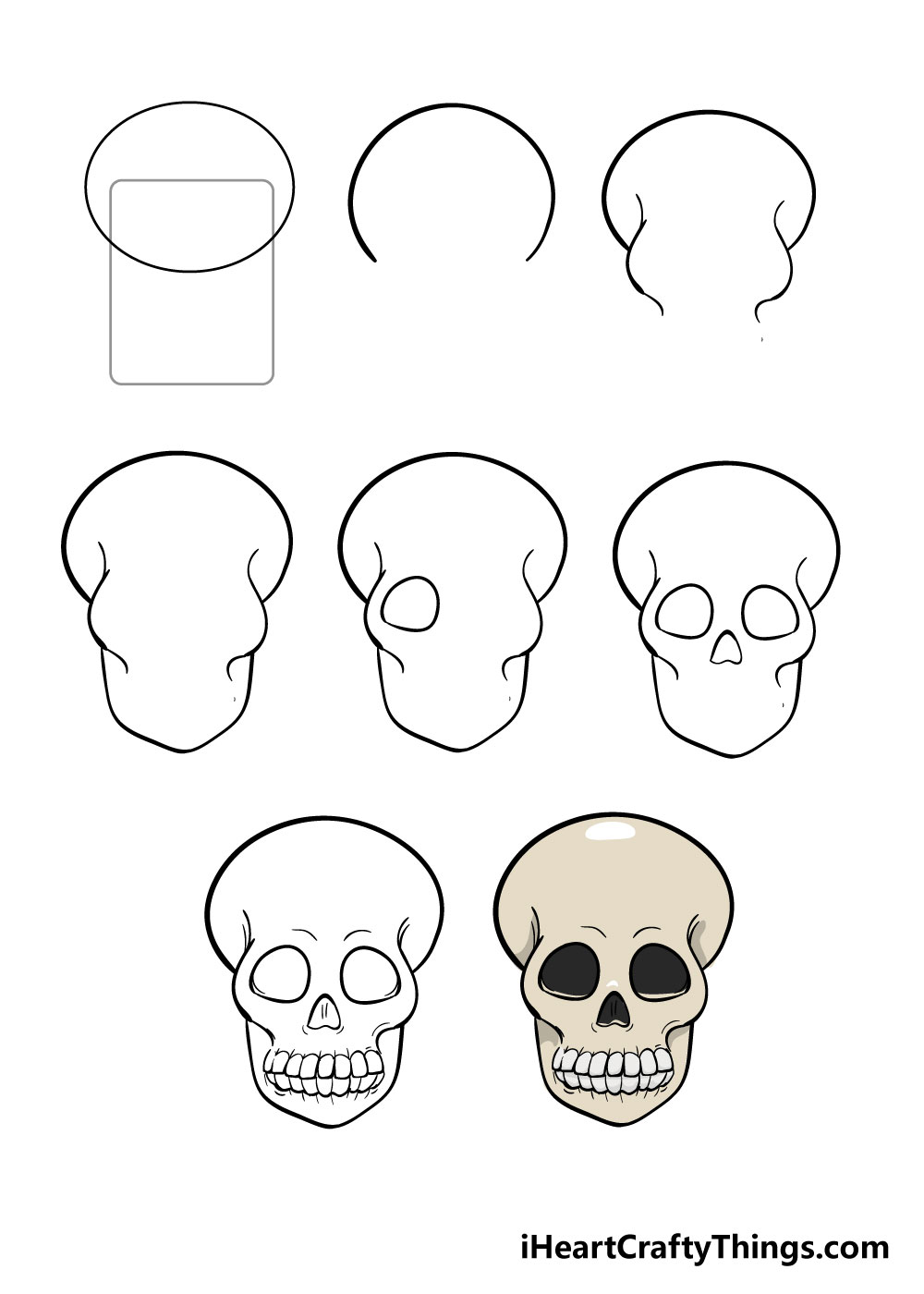 how to draw skull in 8 steps