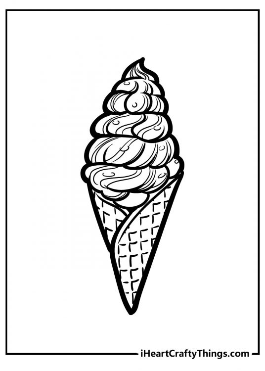 Detailed black-and-white coloring page of a swirling ice cream with sprinkles in a waffle cone