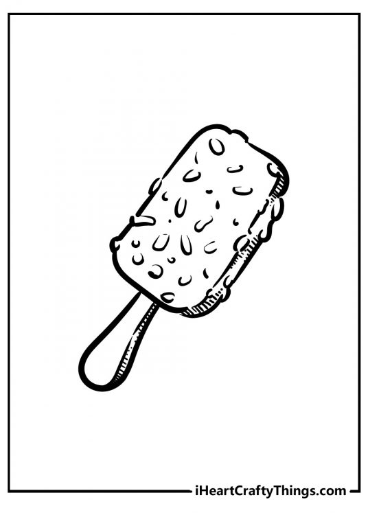 Printable coloring sheet featuring chocolate covered ice cream on a stick with almonds in it