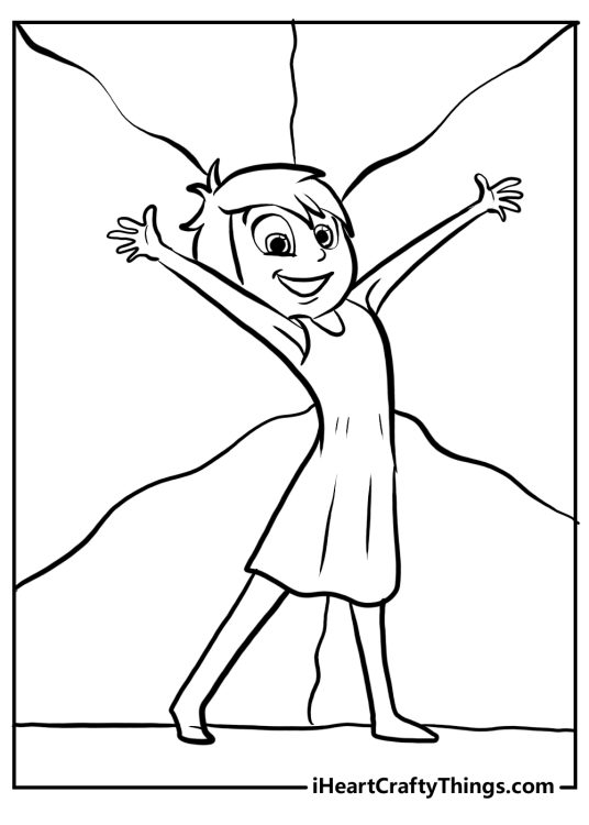 Inside Out coloring page presenting Joy with arms wide open as if ready for a big hug